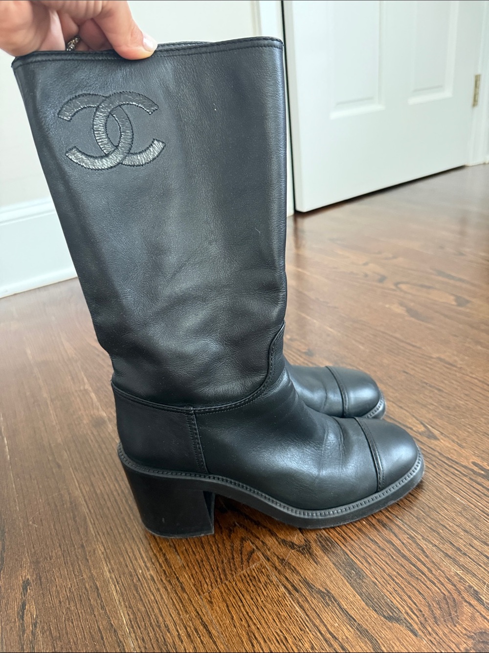 CHANEL Black Leather Mid-Calf Logo Heel Boots size 41